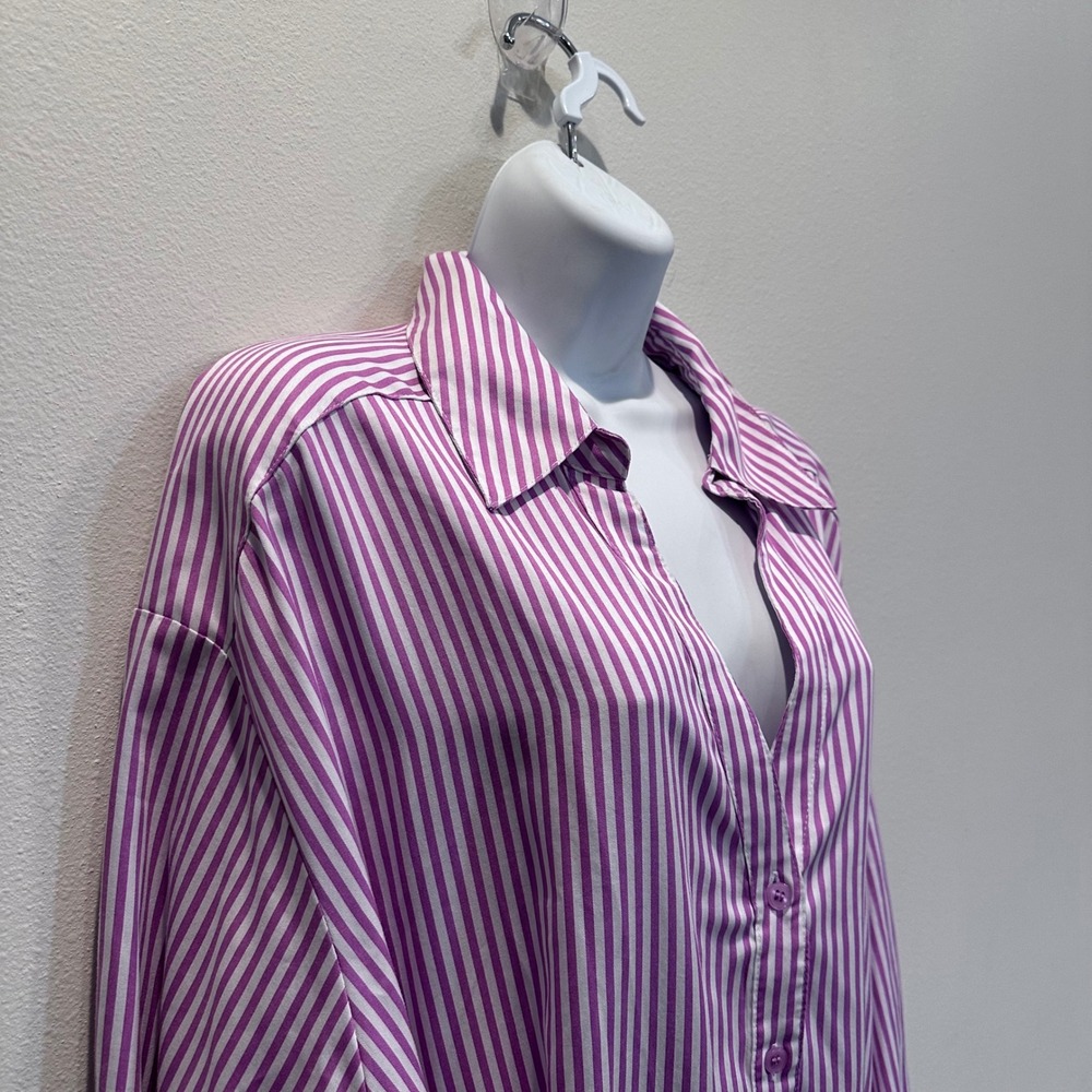 NWT Lane Bryant No-Peek Striped Tunic Shirt Purple White 26 Lyocell Belted - Picture 2 of 9